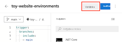 Screenshot: Azure DevOps-Benutzeroberfläche mit der Pipeline und der Schaltfläche „Variablen“