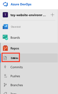 Screenshot von Azure DevOps mit dem Menü „Repos“ und dem Element „Dateien“