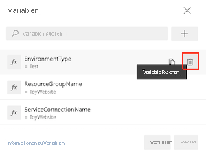 Screenshot: Azure DevOps-Benutzeroberfläche mit der Liste der Variablen und der Schaltfläche „Löschen“