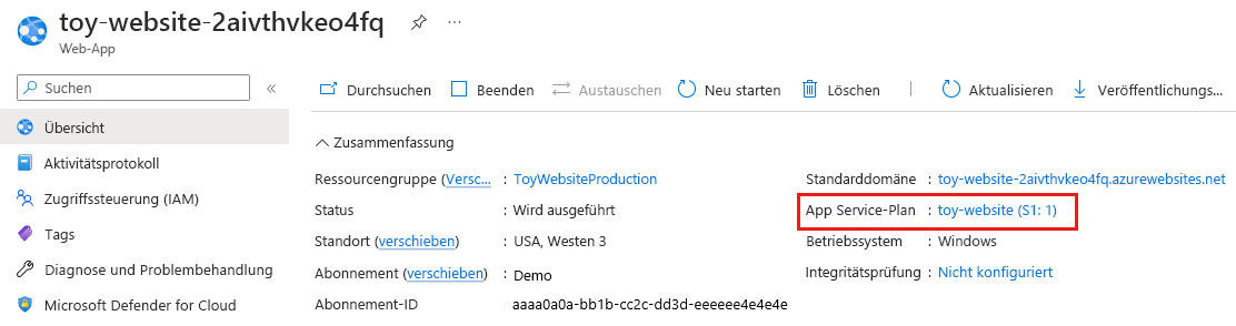 Screenshot: Azure-Portal mit der Produktions-App Service-App und den Details der SKU des App Service-Plans