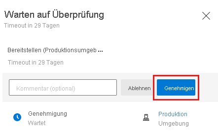 Screenshot: Azure DevOps-Benutzeroberfläche mit der Pipelinegenehmigungsseite und der Schaltfläche „Genehmigen“