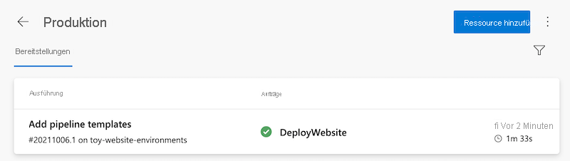Screenshot: Azure Pipelines mit der Produktionsumgebung und einer einzelnen Bereitstellung im Bereitstellungsverlauf