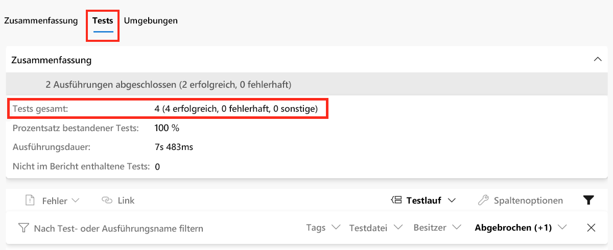 Screenshot: Azure Pipelines mit der Seite für Pipelineausführungstests mit vier Testergebnissen