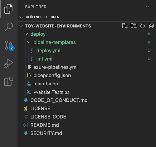 Screenshot: Visual Studio Code Explorer mit dem Ordner „pipeline-templates“ und der Datei „deploy.yml“