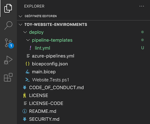 Screenshot: Visual Studio Code Explorer mit dem Ordner pipeline-templates und der Datei lint.yml