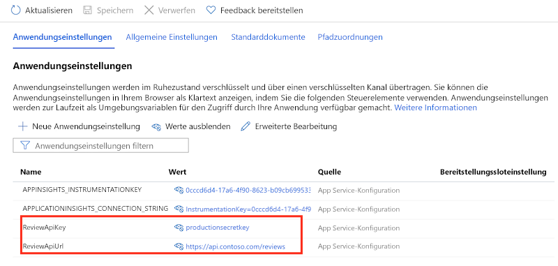 Screenshot: Azure-Portal mit den App Service-App-Einstellungen und den Konfigurationseinstellungen