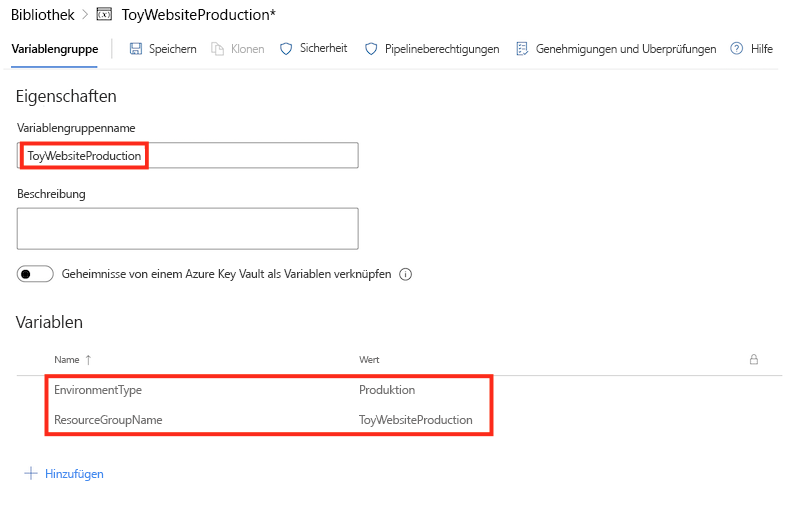 Screenshot: Produktionsvariablengruppe und Variablen