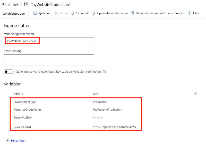 Screenshot: Produktionsvariablengruppe mit aktualisierten Variablen