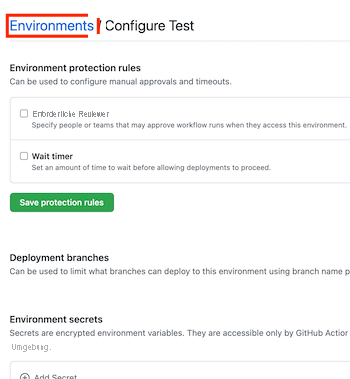 Screenshot: GitHub-Seite für eine neue Umgebung namens „Test“ mit dem Link für Umgebungen