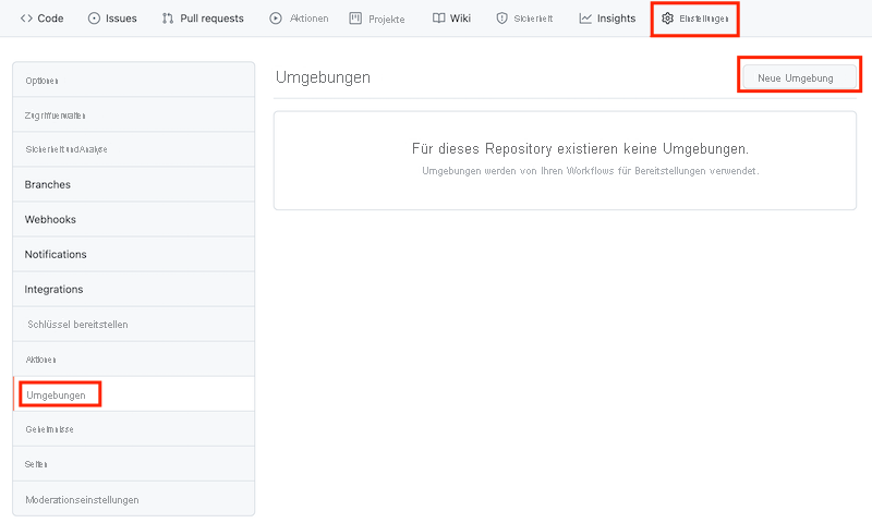 Screenshot: GitHub-Benutzeroberfläche mit der Seite für Umgebungen und der Schaltfläche zum Erstellen einer Umgebung