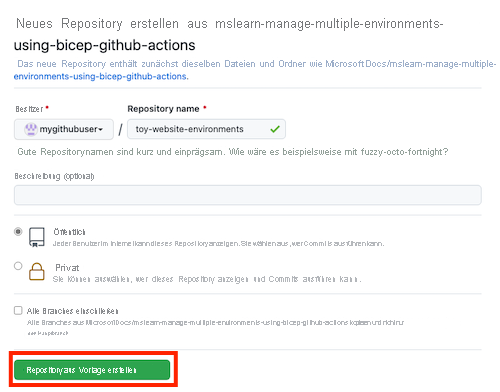 Screenshot der GitHub-Benutzeroberfläche mit der Seite zur Repositoryerstellung