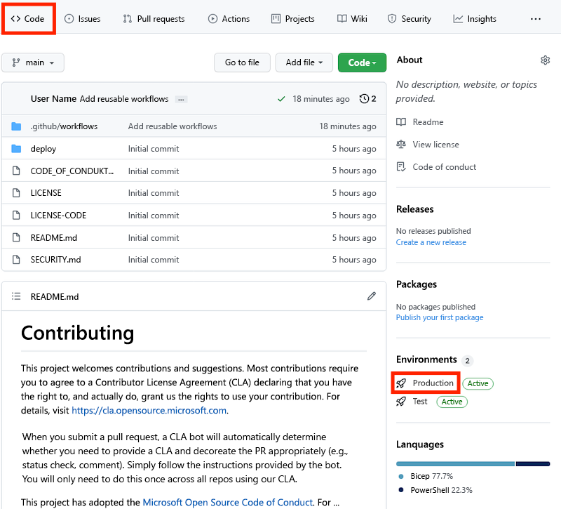 Screenshot: GitHub-Benutzeroberfläche mit Anzeige der Codepageumgebung mit hervorgehobener Produktionsumgebung.