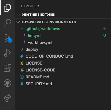 Screenshot: Visual Studio Code-Explorer mit den Ordnern „.github“ und „workflows“ sowie der Datei „lint.yml“.