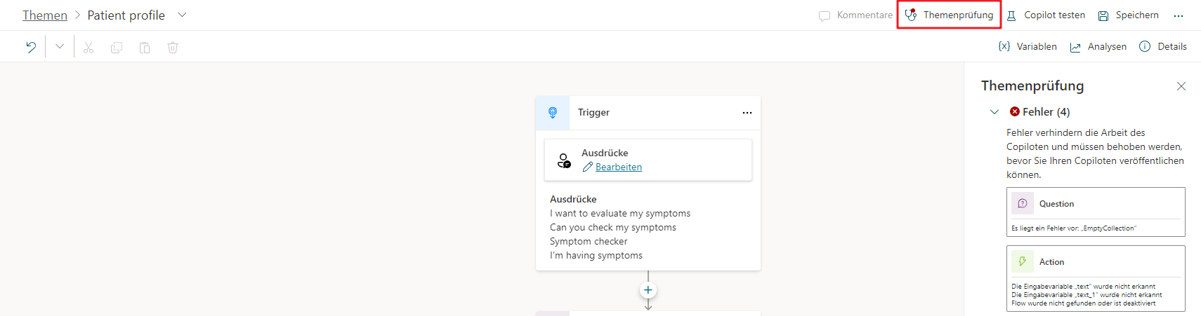 Screenshot der ausgewählten Schaltfläche „Themenprüfung“ und des Themenprüfungsfensters mit fünf Fehlern