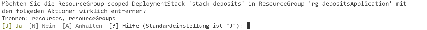 Screenshot: Befehlszeilenbestätigung zum Löschen des Bereitstellungsstapels mithilfe von Azure PowerShell