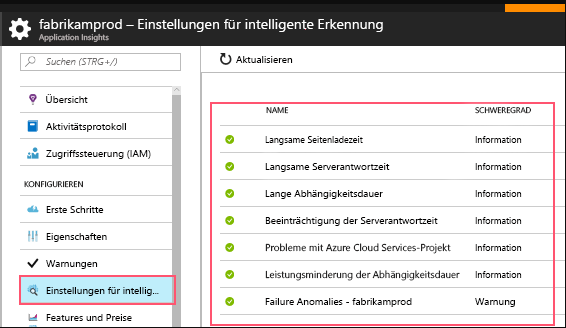 Screenshot der Einstellungen für die intelligente Erkennung. Diese Einstellungen umfassen die Erkennung langsamer Seitenladezeiten, langsamer Serverantwortzeiten und mehr.