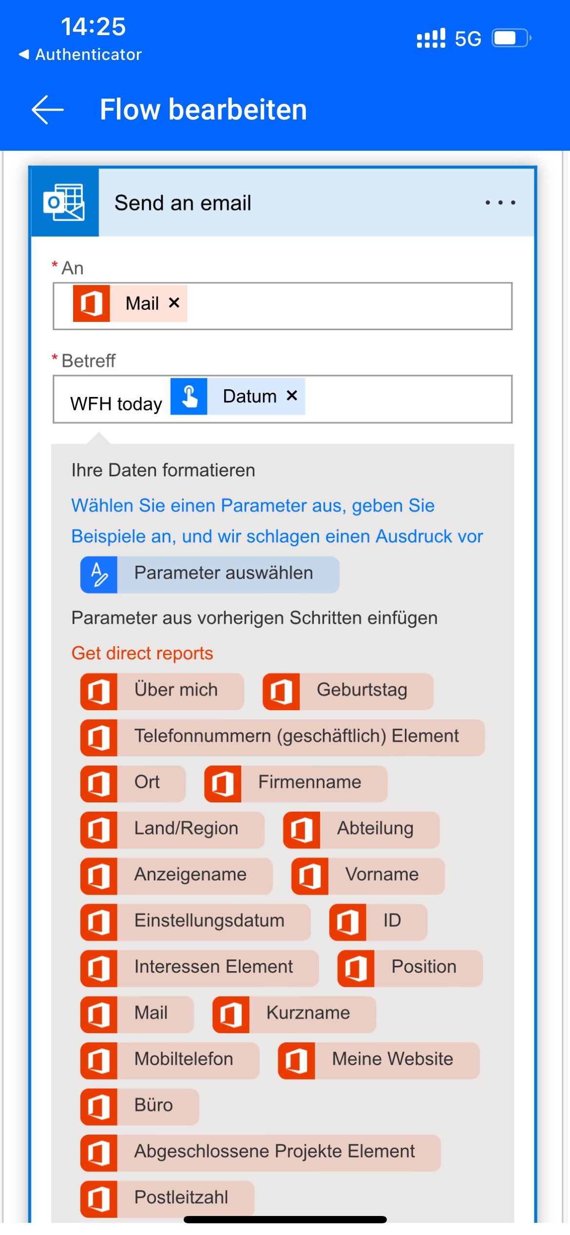 Screenshot des Datums-Tokens, der dem Feld „Betreff“ hinzugefügt wird, und die hervorgehobene Schaltfläche „Fertig“