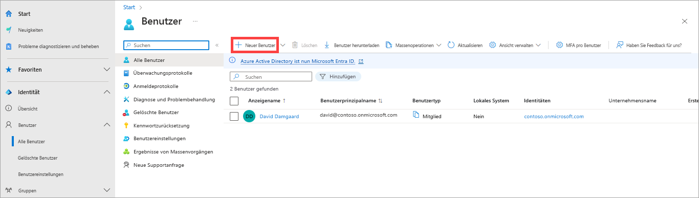 Screenshot, der die hervorgehobene Schaltfläche „Neuer Benutzer” im Microsoft Entra Admin Center zeigt.