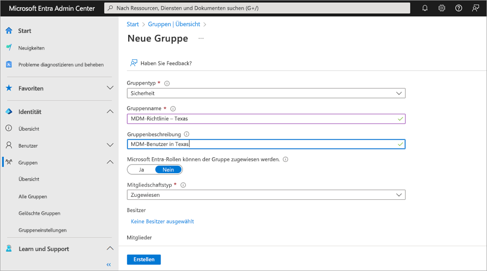 Screenshot des Features „Gruppe erstellen“ im Azure-Portal