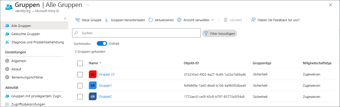 Screenshot des Bereichs „Gruppenübersicht” im Microsoft Entra Admin Center.