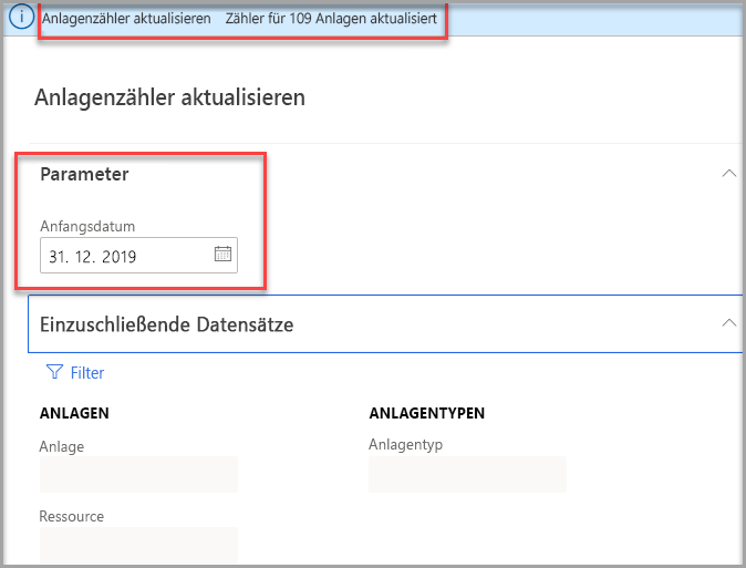 Screenshot der Seite „Anlagenzähler aktualisieren“ mit hervorgehobenen Parametern