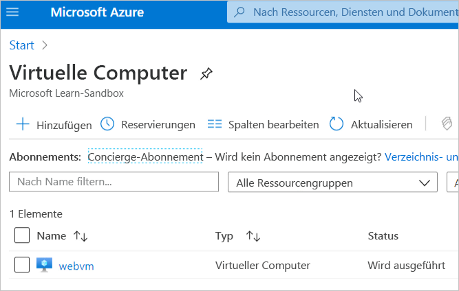 Screenshot of the Azure portal listing of virtual machines displaying webvm.