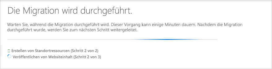 Screenshot des Bildschirms, der den Migrationsfortschritt anzeigt