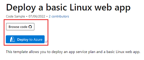 Screenshot that shows an Azure Quickstart Template that deploys a basic Linux web app.