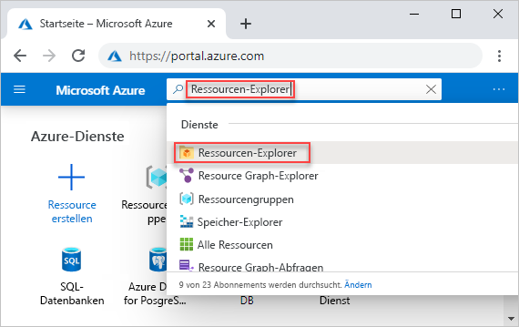 Screenshot of the Azure portal that shows the search box with resource explorer entered.