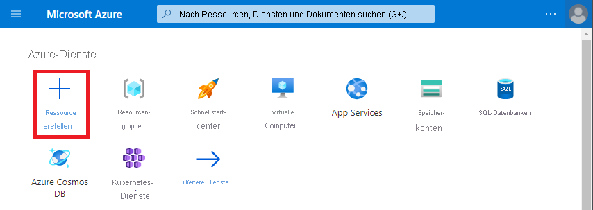 Screenshot des Azure-Portals. Die Option „Ressource erstellen“ ist hervorgehoben.