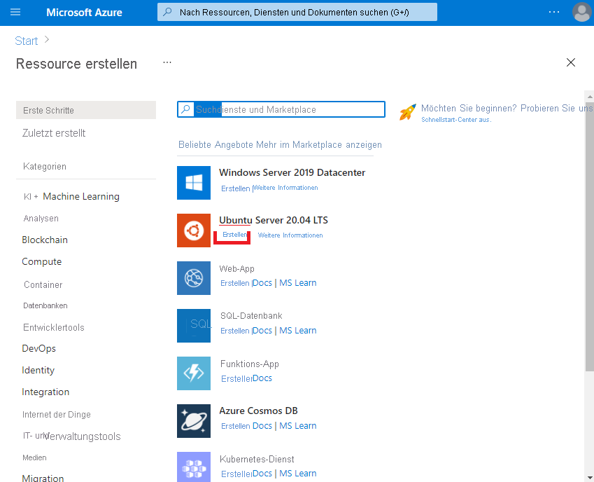 Screenshot des Azure Marketplace. Der Link „Erstellen“ unter Ubuntu Server 20.04 LTS ist hervorgehoben.