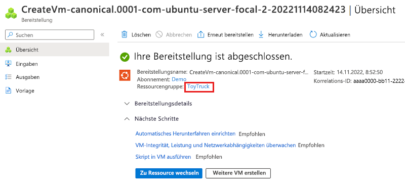 Screenshot der Bereitstellung im Azure-Portal. Der Name der Ressourcengruppe ist hervorgehoben.