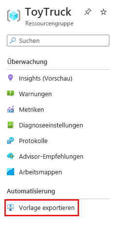 Screenshot des Azure-Portals: Menüelement „Vorlage exportieren“ im Bereich „Ressourcengruppe“