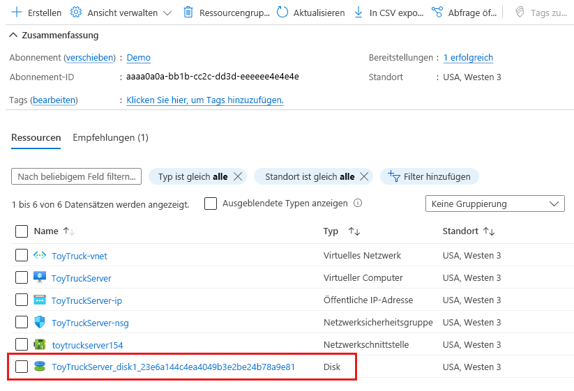 Screenshot des Azure-Portals: Ressourcengruppe mit hervorgehobener Ressource „Disk“