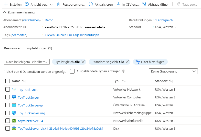 Screenshot: Bereich, der die Ressourcengruppe im Azure-Portal anzeigt