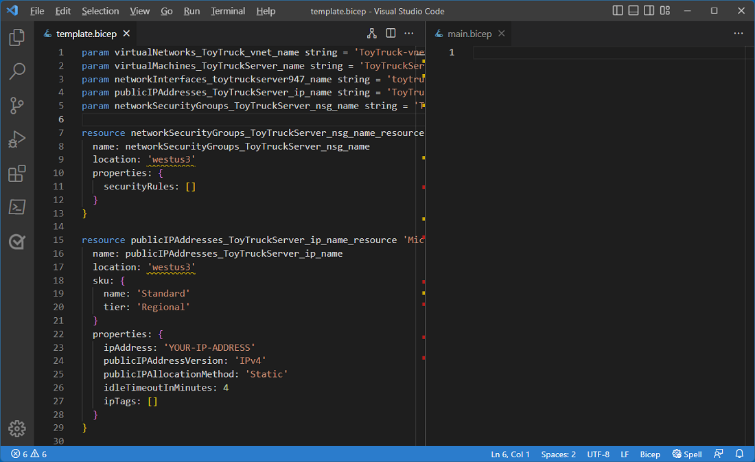 Screenshot: Geteilter Visual Studio Code-Editor mit der Datei „template.bicep“ im linken Bereich und der Datei „main.bicep“ im rechten Bereich