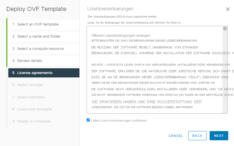 Screenshot of accepting all license agreements during VMware HCX Connector deployment on-premises.