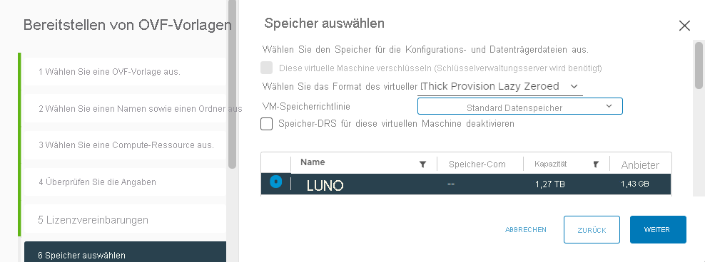 Screenshot of selecting storage for the VMware HCX Connector appliance on-premises.