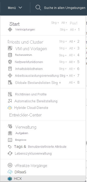 Screenshot of where to find HCX in the menu within vCenter on-premises.