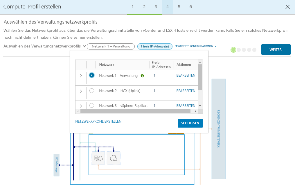 Screenshot that shows the selection of a management network profile and the Continue button in the on-premises HCX Connector.