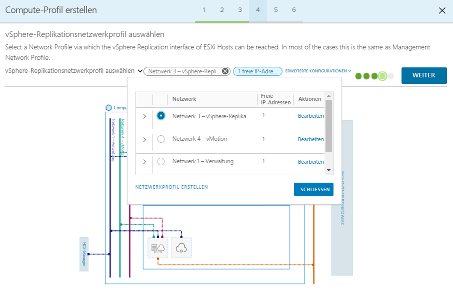 Screenshot that shows the selection of a replication network profile and the Continue button in the on-premises HCX Connector.