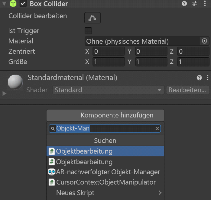 Screenshot of adding the Object Manipulator script.