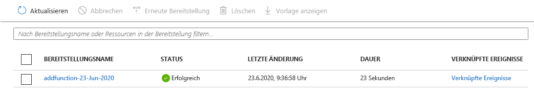 Screenshot: Bereitstellungen im Azure-Portal. Eine Bereitstellung ist aufgeführt, die den Status „erfolgreich“ aufweist.