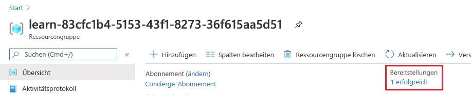 Screenshot: Bereich „Übersicht“ über Ressourcengruppen im Azure-Portal. Im Bereich „Bereitstellungen“ wird angezeigt, dass eine Bereitstellung erfolgreich war.