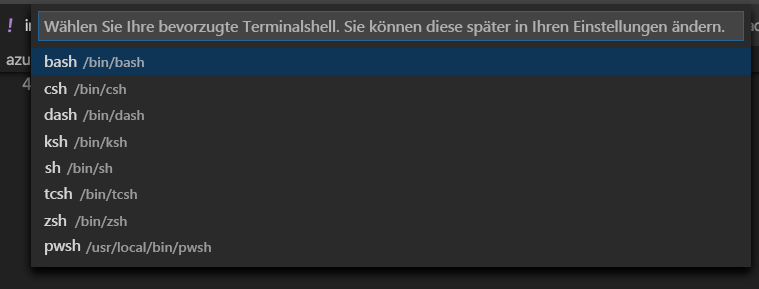 Screenshot der Liste für die Auswahl einer Shell im Terminalfenster in Visual Studio Code