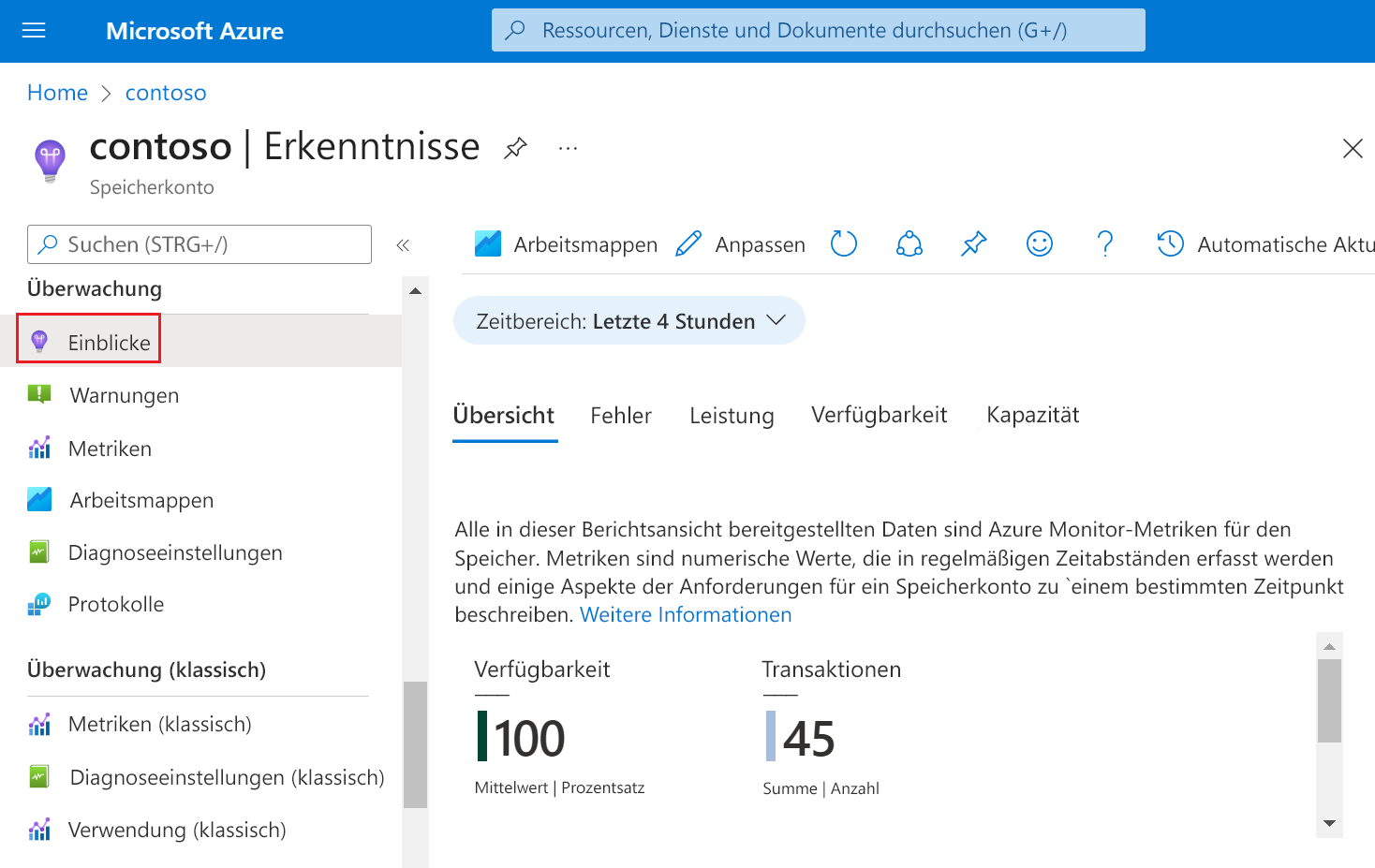 Screenshot of storage Insights in the Azure portal.