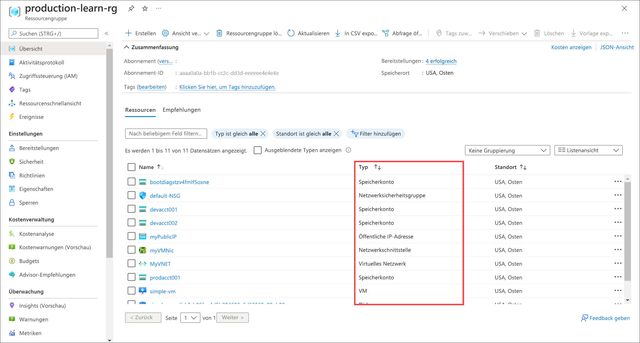 Screenshot der Spalte „Ressourcentyp“ auf der Seite „Alle Ressourcen“