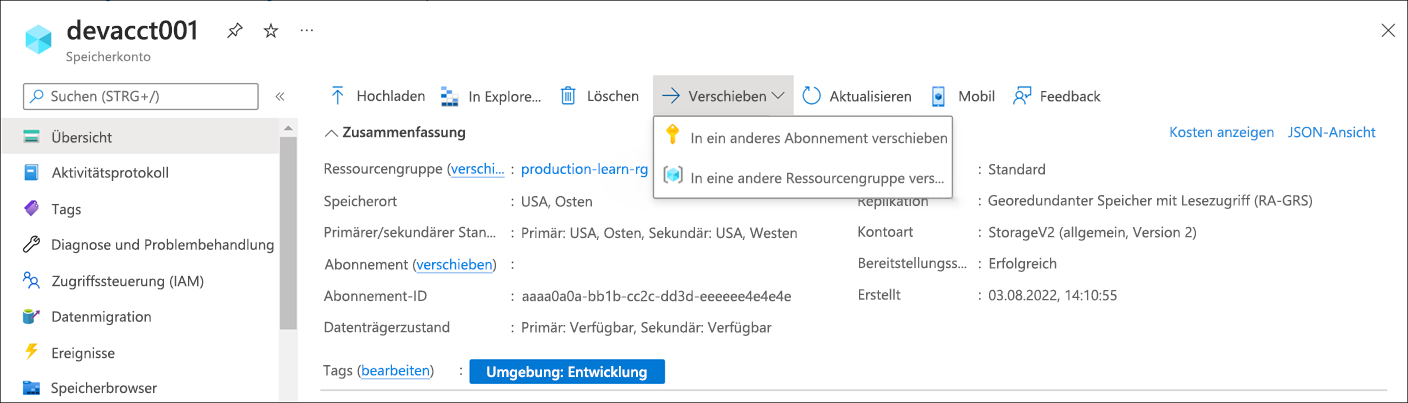 Screenshot der Option zum Verschieben einer Ressource in eine andere Ressourcengruppe