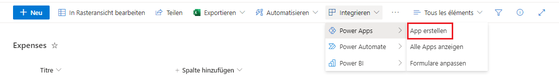 Screenshot der SharePoint-Symbolleiste mit erweitertem PowerApps-Menü und der hervorgehobenen Option „Alle Apps anzeigen“