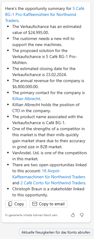 Screenshot einer von Copilot in Sales erstellten Verkaufschancen-Zusammenfassung